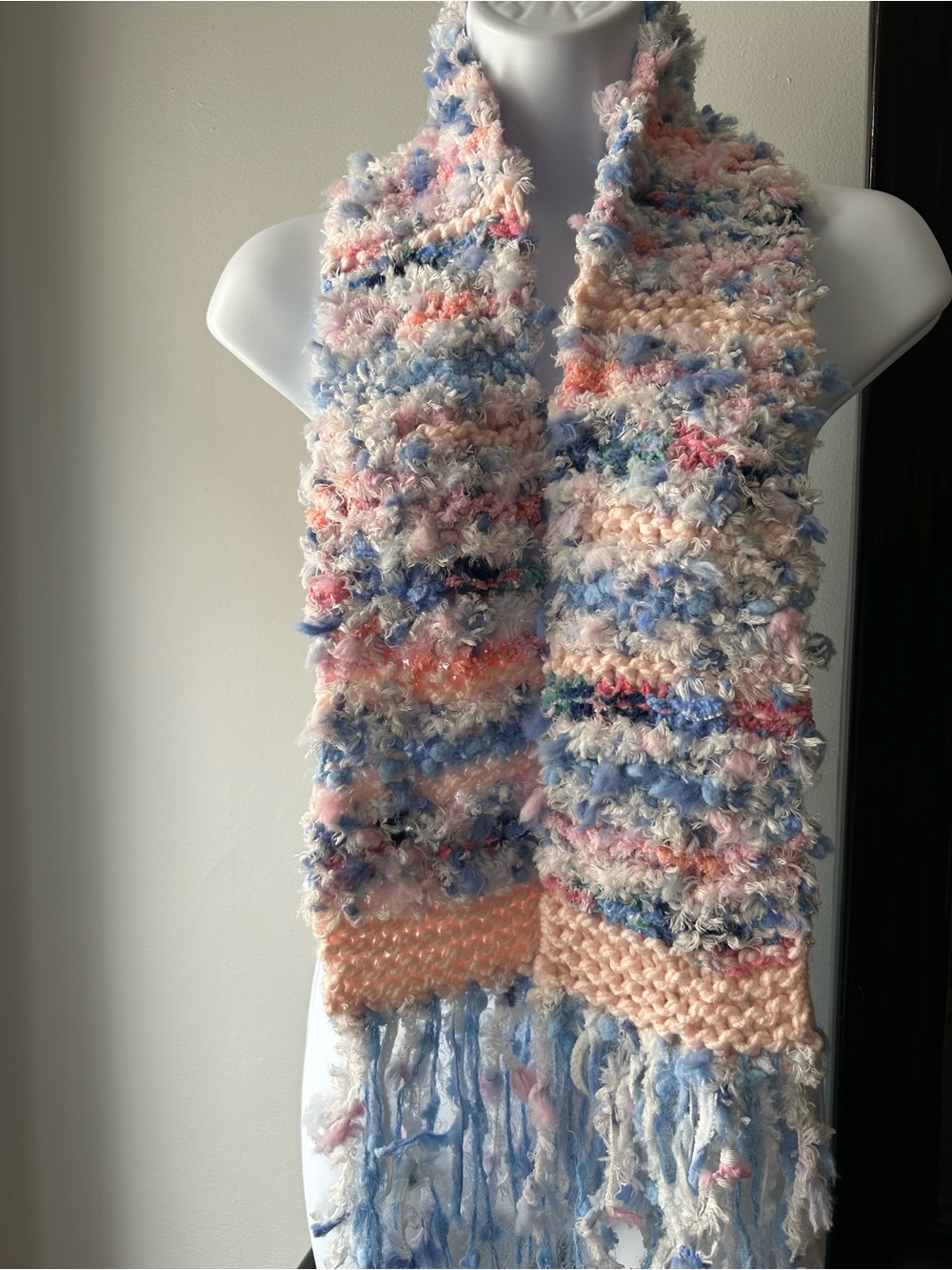 Handmade Pastel Multi-Color Fuzzy Knit Scarf - Pastel Blue & Pink